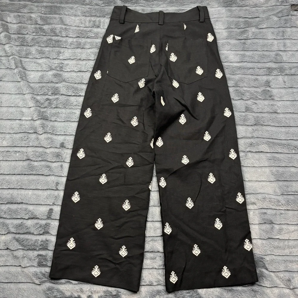 Zara Womens Black Embroidered Linen Blend Wide Leg Pants High Waist Small 26